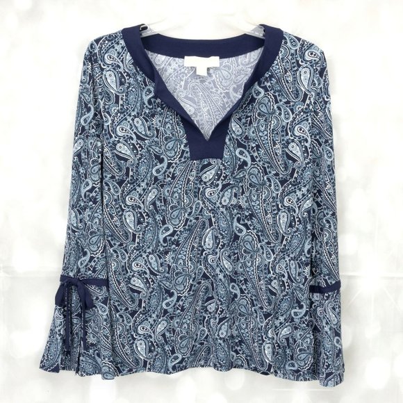 Michael Kors Paisley V-Neck Pull Over Long Sleeve Blouse Top W/Sleeve Ties - Picture 2 of 7